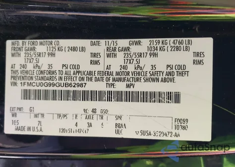 2016 Ford Escape Se из США, поврежденный, VIN 1FMCU0G99GUB62987